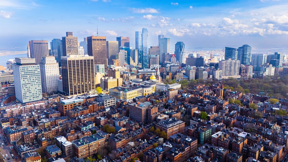 Boston Massachusetts cityscape with historic buildings and orange brick houses