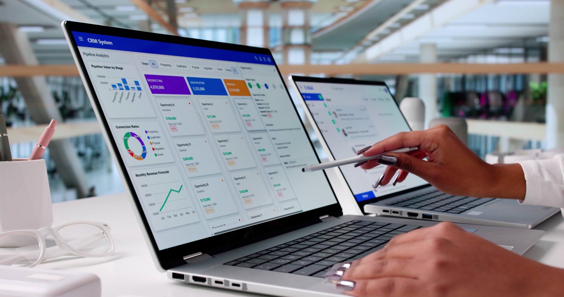 Female Business Leader Utilizing CRM Software To Enhance Customer Support.