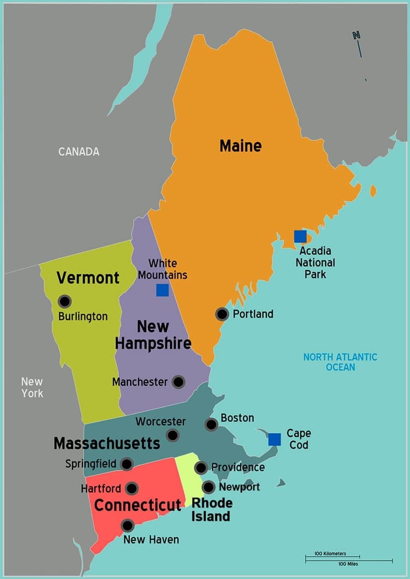 Map of New England states showing Maine, Vermont, New Hampshire, Massachusetts, Rhode Island, and Connecticut with major cities labeled